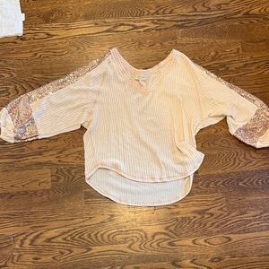 All Saints Blush Waffle V-Neck Top with Sequin Sleeve Detail